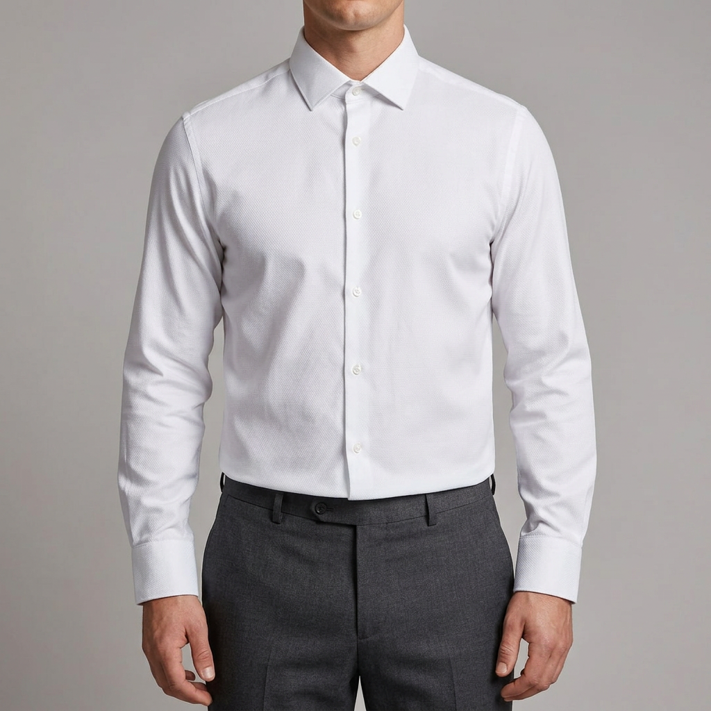 White Next shirt worn tucked in, cropped neck to waist with complete sleeves