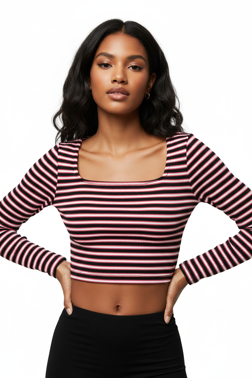 Woman of color wearing striped crop top